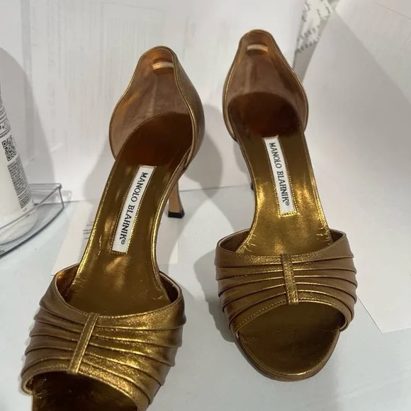 Manolo Blahnik Bronze Open-Toe Heels - Picture 3 of 6